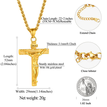 Gold Plated Cross Necklaces for Men Stainless Steel INRI Crucifix Pendant Necklace Jesus Piece Christian Religious Birthday Easter Basket Stuffers Jewelry Gifts Him Son