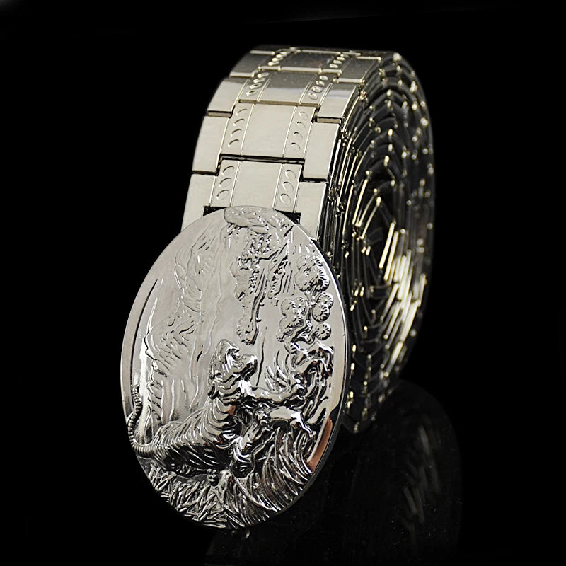 Men'S Belt Metal Stainless Steel Belt Silver Dragon Retro-Cologne Silver Belt High-End Designer Steel Belt Personality Belt