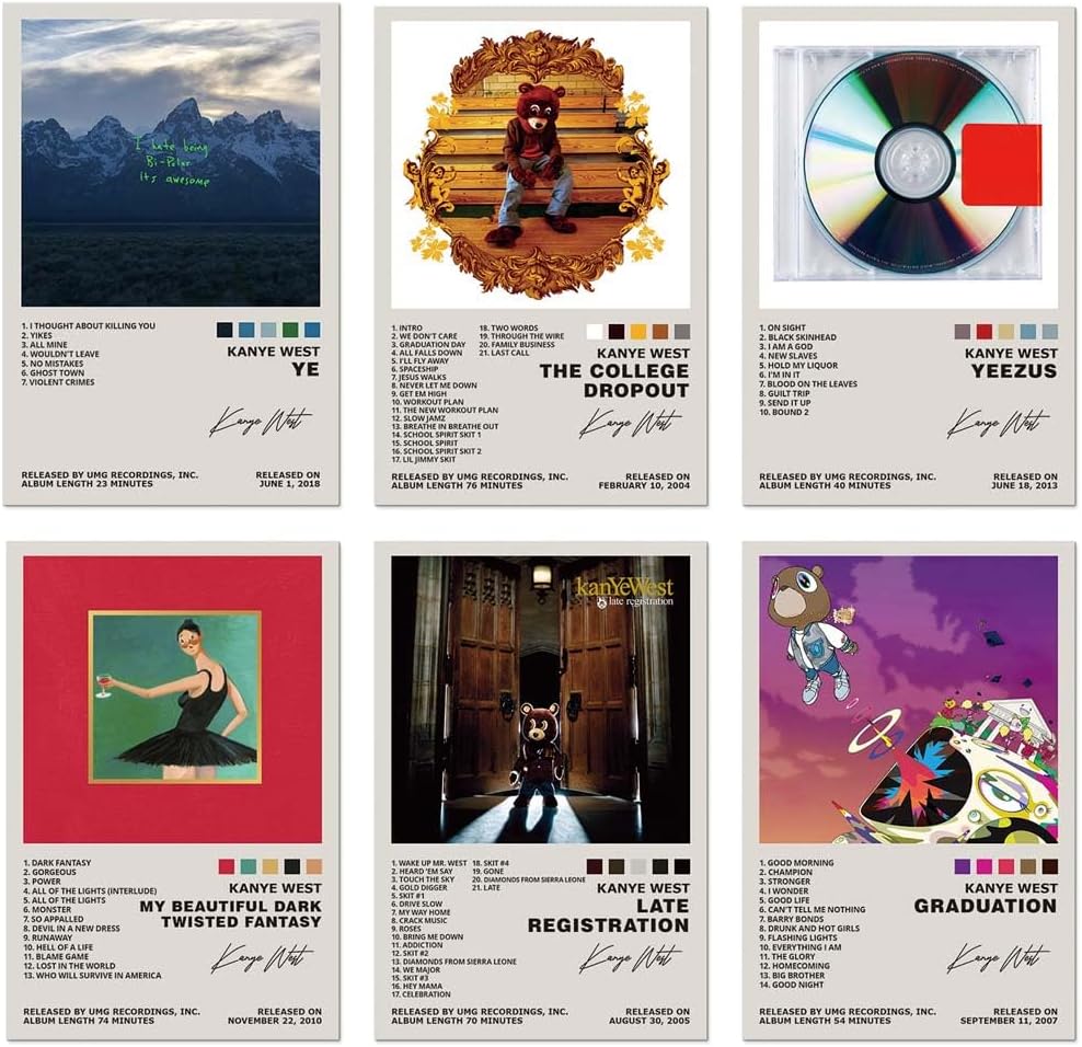 Kanye West Poster Set of 6 Album Cover Posters Music Posters for Room Aesthetic Music Album Wall Art for Teens Room Decor 8X12Inch Unframed