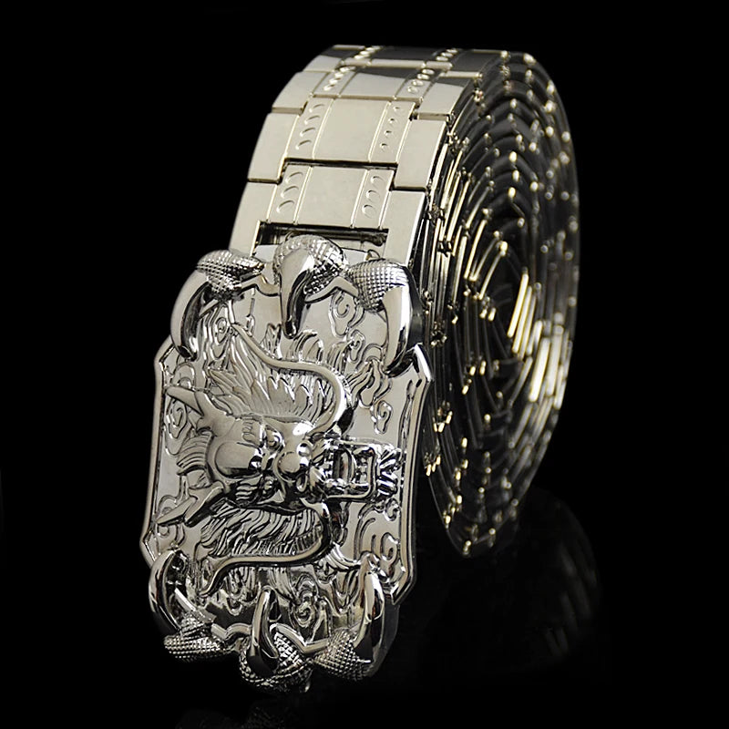 Men'S Belt Metal Stainless Steel Belt Silver Dragon Retro-Cologne Silver Belt High-End Designer Steel Belt Personality Belt