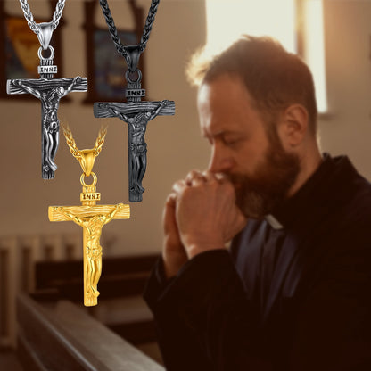 Gold Plated Cross Necklaces for Men Stainless Steel INRI Crucifix Pendant Necklace Jesus Piece Christian Religious Birthday Easter Basket Stuffers Jewelry Gifts Him Son
